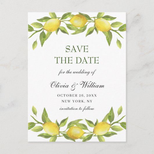 Elegant Lemons Greenery Wedding Save the Date Briefkaart (Voorkant)