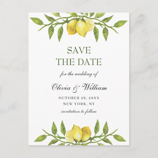 Elegant Lemons Greenery Wedding Save the Date Post Briefkaart (Voorkant)