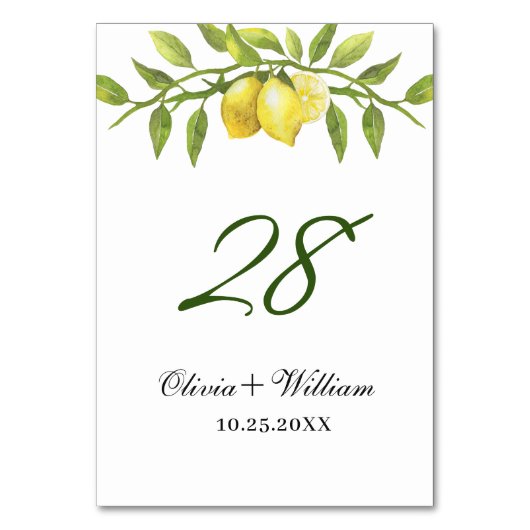 Elegant Lemons Greenery Wedding Table Number Kaart (Voorkant)
