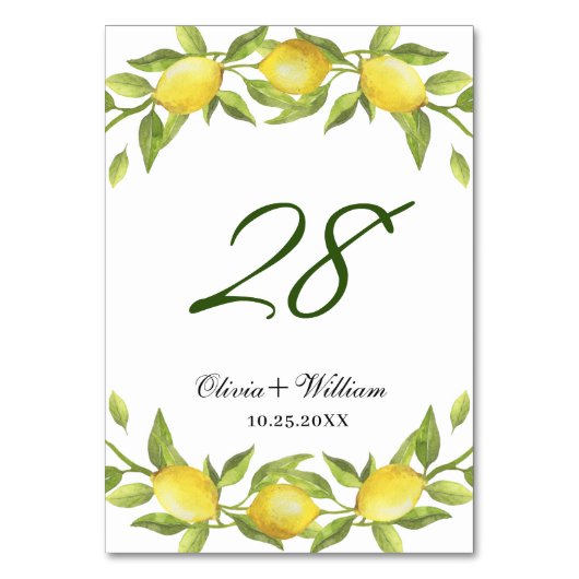 Elegant Lemons Greenery Wedding Table Number Kaart (Voorkant)
