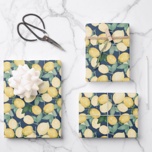 Elegant Lemons op Navy Blue Inpakpapier Vel (Voorkant)