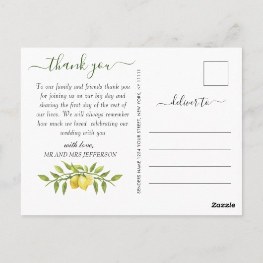 Elegant Lemons Waterverf Floral Wedding Dank je Briefkaart (Achterkant)