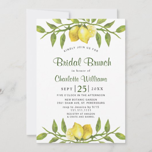 Elegant Lemons Waterverf Greenery BRIDAL BRUNCH Kaart (Voorkant)
