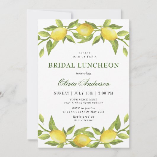 Elegant Lemons Waterverf Greenery BRIDAL LUNCHEON Kaart (Voorkant)