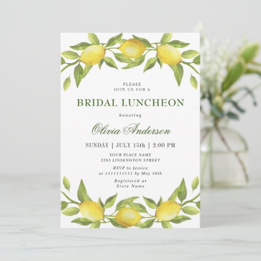 Elegant Lemons Waterverf Greenery BRIDAL LUNCHEON Kaart (Staand voorkant)