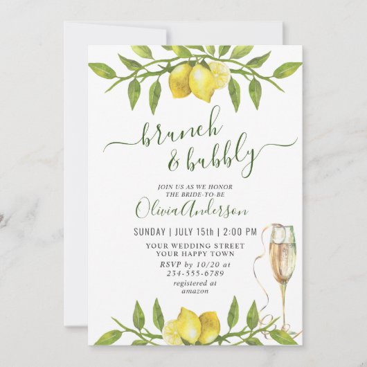 Elegant Lemons Waterverf Greenery BRUNCH & BUBBLY Kaart (Voorkant)