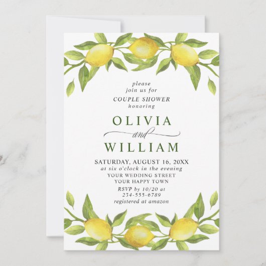 Elegant Lemons Waterverf Greenery COUPLE SHOWER Kaart (Voorkant)