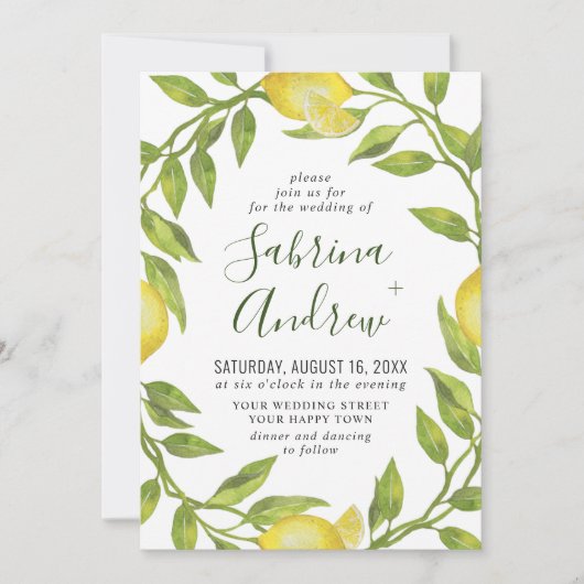 Elegant Lemons Waterverf Greenery Wedding Kaart (Voorkant)