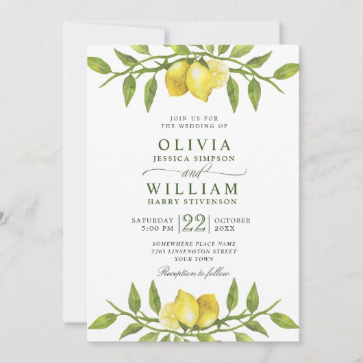 Elegant Lemons Waterverf Greenery Wedding Kaart (Voorkant)