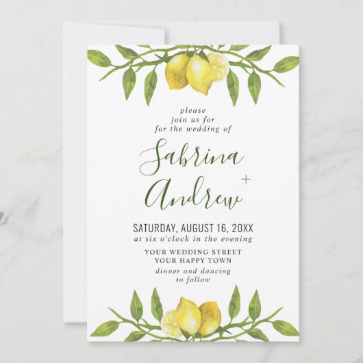 Elegant Lemons Waterverf Greenery Wedding Kaart (Voorkant)