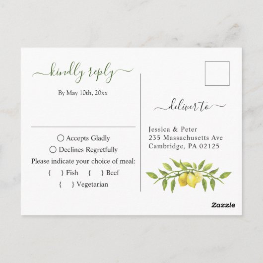 Elegant Lemons Waterverf Greenery Wedding RSVP Briefkaart (Achterkant)