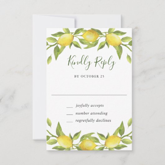 Elegant Lemons Waterverf Greenery Wedding RSVP Ca Kaartje (Voorkant)