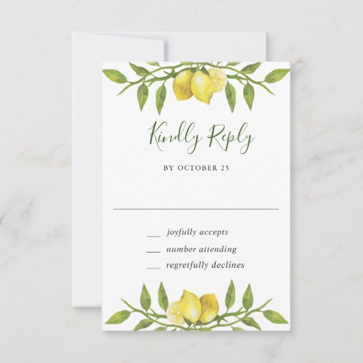 Elegant Lemons Waterverf Greenery Wedding RSVP Kaartje (Voorkant)