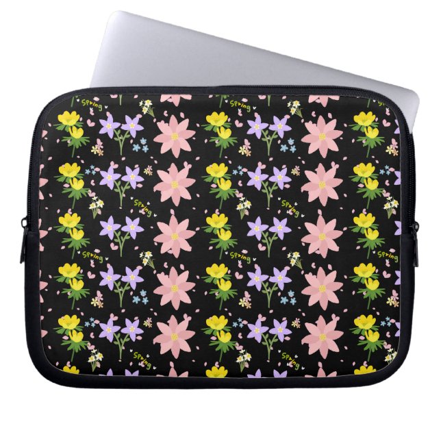 Elegant Lentebloempatroon op Zwart - Laptop Hoes (Voorkant)