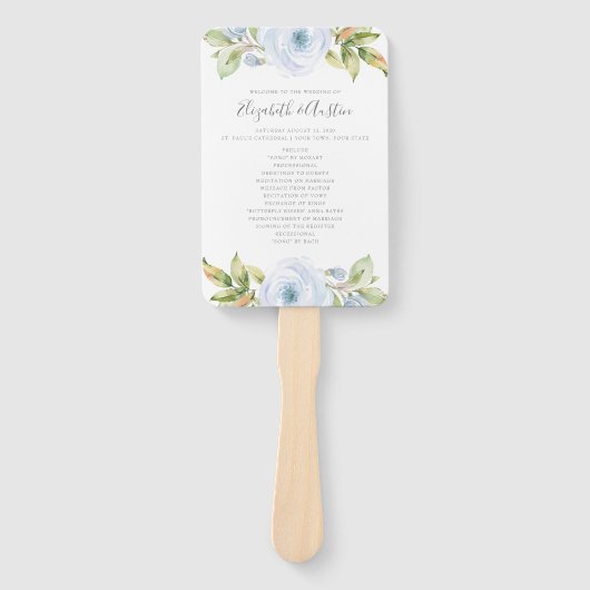 Elegant Lentonaal Bloemstuk Stofblauw Huwelijkspro Handwaaier (Voorkant)