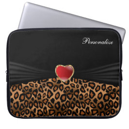 Elegant Leopard Animal Print met een rood hart Laptop Sleeve