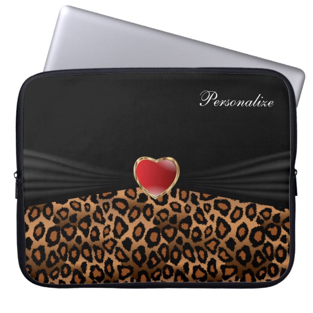 Elegant Leopard Animal Print met een rood hart Laptop Sleeve (Voorkant)