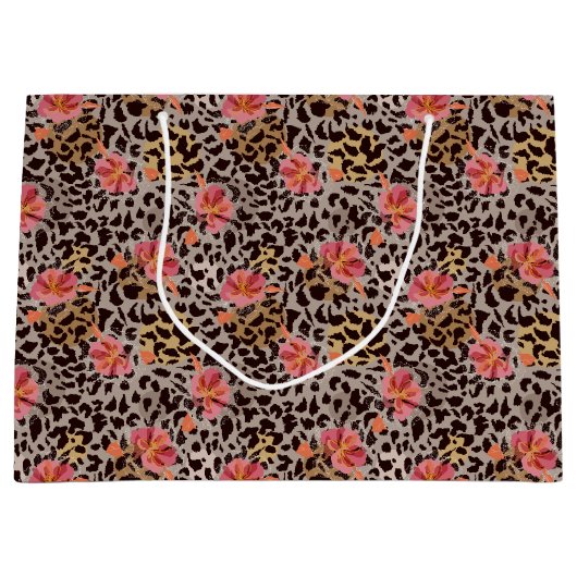 Elegant Leopard Animal Print Pattern Roze Flowers Groot Cadeauzakje (Voorkant)
