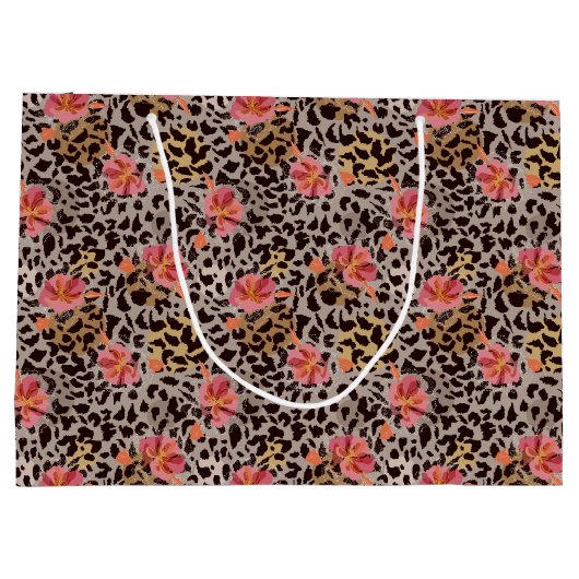 Elegant Leopard Animal Print Pattern Roze Flowers Groot Cadeauzakje (Achterkant)