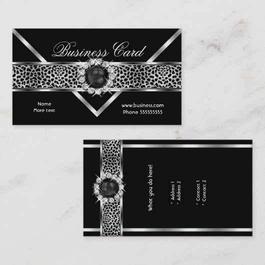 Elegant Leopard Black Silver Diamond Black Pearl Visitekaartje (Voorkant / Achterkant)