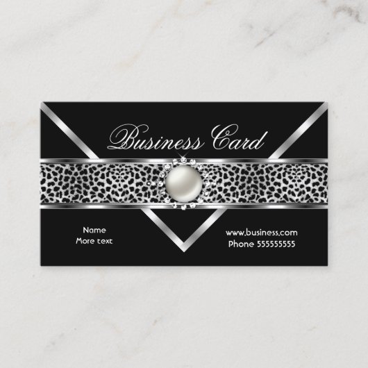 Elegant Leopard Black Silver Diamond Pearl 2 Visitekaartje (Voorkant)