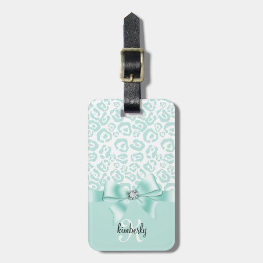 Elegant Leopard Bow & Diamond Personalized Girly Bagagelabel (Voorkant verticaal)