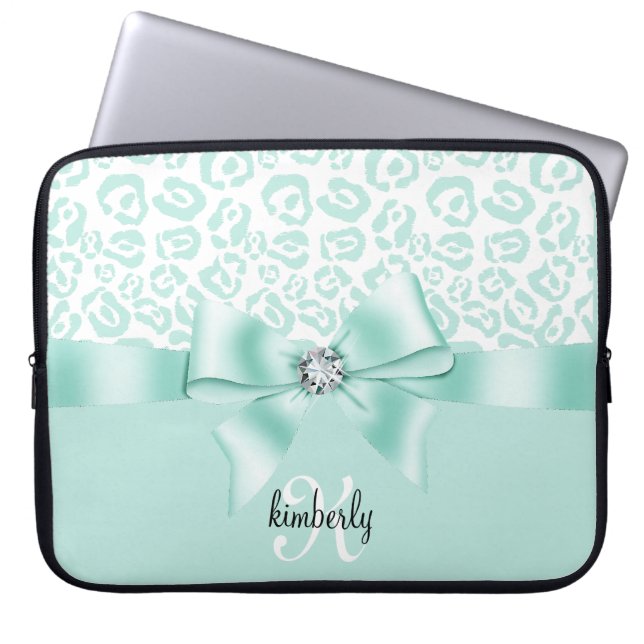Elegant Leopard Bow & Diamond Personalized Girly Laptop Sleeve (Voorkant)