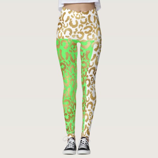 Elegant Leopard Gold White Animal Print Leggings (Voorkant)