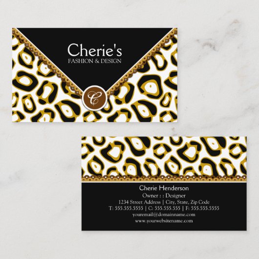 Elegant Leopard Print and Lace Monogram Visitekaartje (Voorkant / Achterkant)