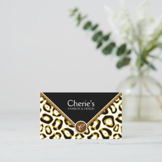 Elegant Leopard Print and Lace Monogram Visitekaartje (Staand voorkant)