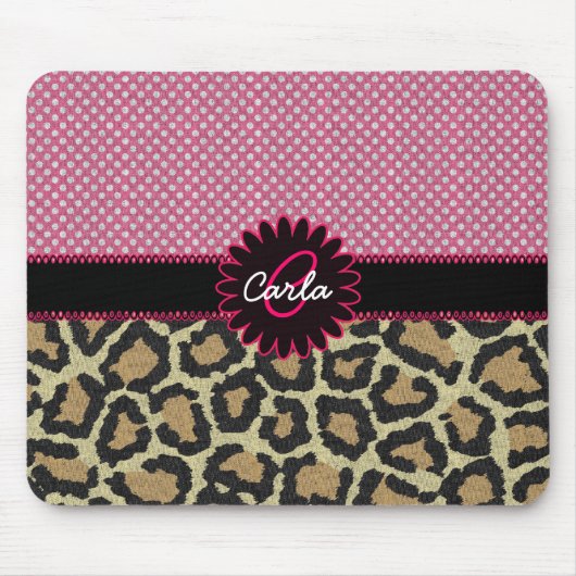 Elegant Leopard Print en Polka Dot Monogram Muismat (Voorkant)