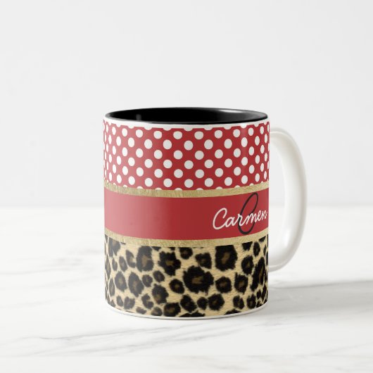 Elegant Leopard Print en Polka Dot Monogram Tweekleurige Koffiemok (Voorkant rechts)