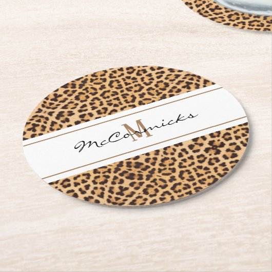 Elegant Leopard Print Monogram aangepast Ronde Kartonnen Onderzetter (Gebogen)