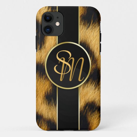 Elegant Leopard Print Monogram Script iPhone Case (Achterkant)