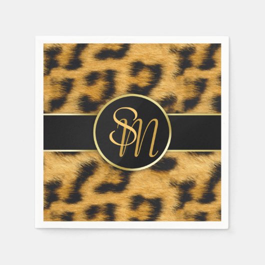 Elegant Leopard Print Monogram Script Napkin Servet (Voorkant)