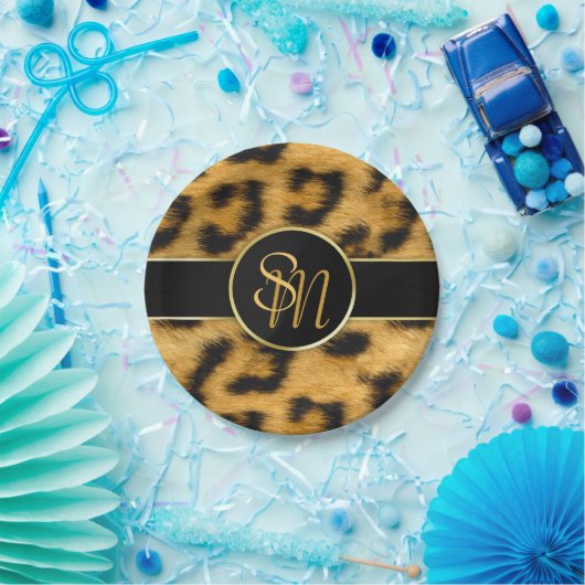 Elegant Leopard Print Monogram Script Paper Bord (Feest)