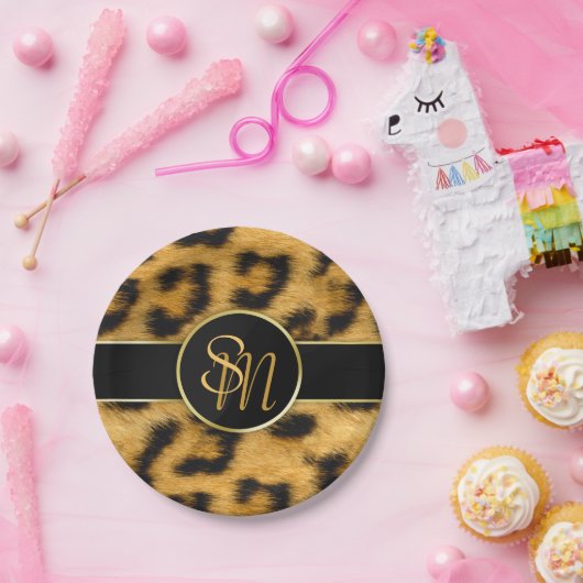 Elegant Leopard Print Monogram Script Paper Bord (Feest)