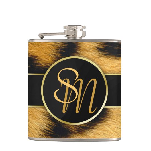 Elegant Leopard Print Monogram Script Vinyl Flask Heupfles (Voorkant)