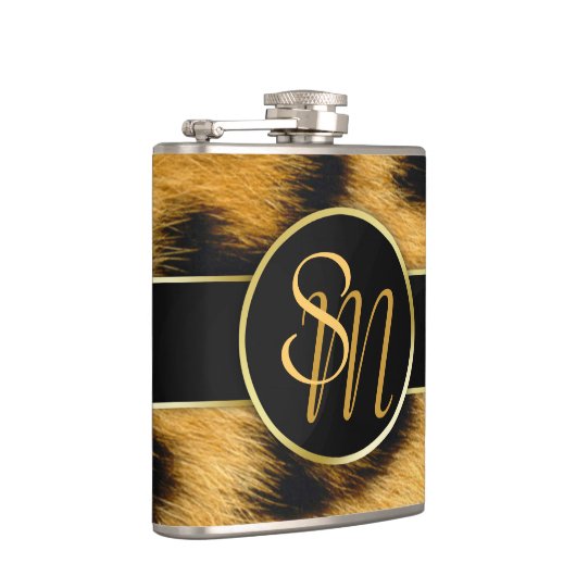 Elegant Leopard Print Monogram Script Vinyl Flask Heupfles (Rechts)