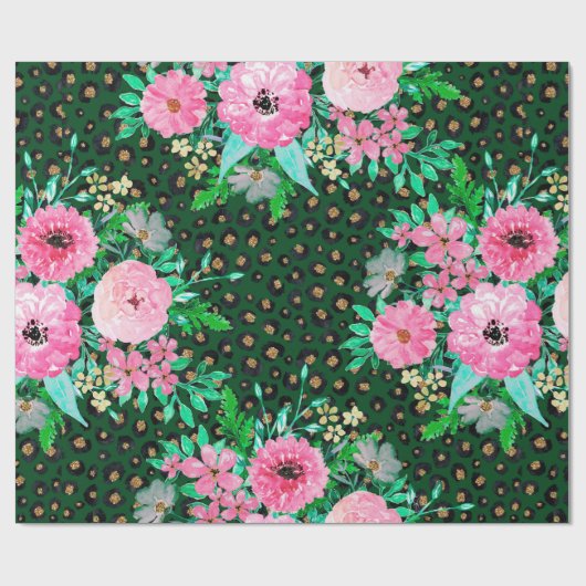 Elegant Leopard Print Pink Floral Green Design Cadeaupapier (Vlak)