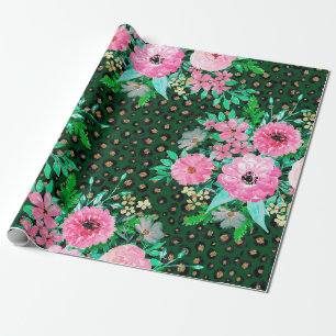 Elegant Leopard Print Pink Floral Green Design Cadeaupapier