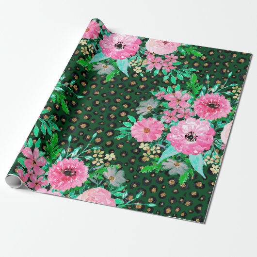 Elegant Leopard Print Pink Floral Green Design Cadeaupapier (Uitgerold)