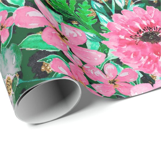 Elegant Leopard Print Pink Floral Green Design Cadeaupapier (Rol Hoek)
