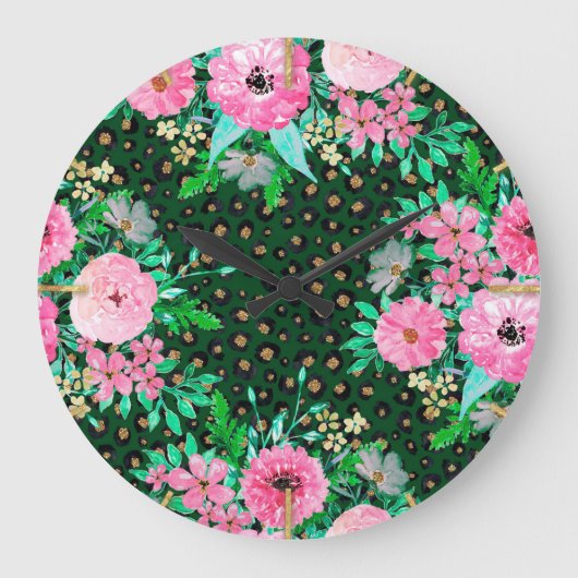 Elegant Leopard Print Pink Floral Green Design Grote Klok (Voorkant)