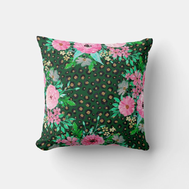 Elegant Leopard Print Pink Floral Green Design Kussen (Voorkant)