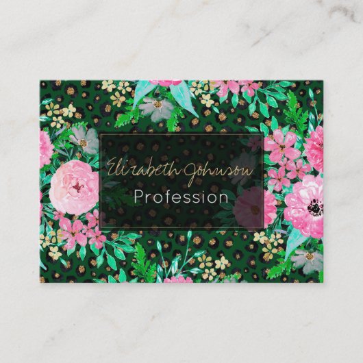 Elegant Leopard Print Pink Floral Green Design Visitekaartje (Voorkant)