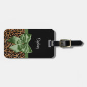 Elegant Leopard Print Stijlvolle Groene Bow en Naa Bagagelabel (Voorkant horizontaal)