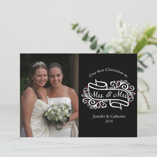 Elegant Lesbian Newlyweds Christmas Photo Greeting Feestdagenkaart (Staand voorkant)