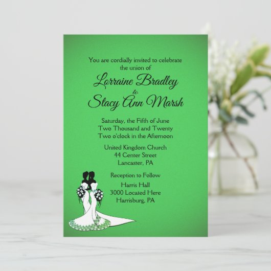 Elegant Lesbian Wedding Invitation Green Kaart (Staand voorkant)