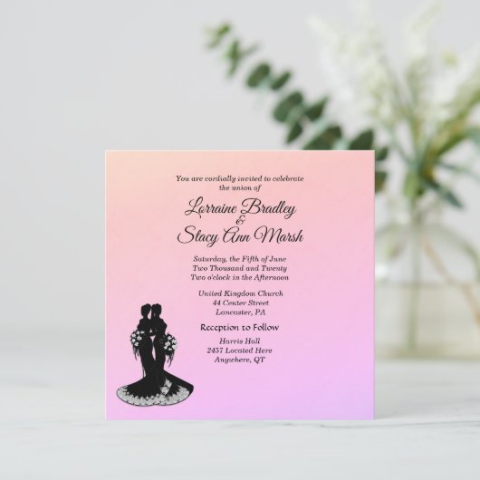 Elegant Lesbian Wedding Pinks uitnodiging (Staand voorkant)